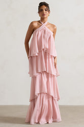 Light Pink Halter-Neck Ruffle Maxi Dress